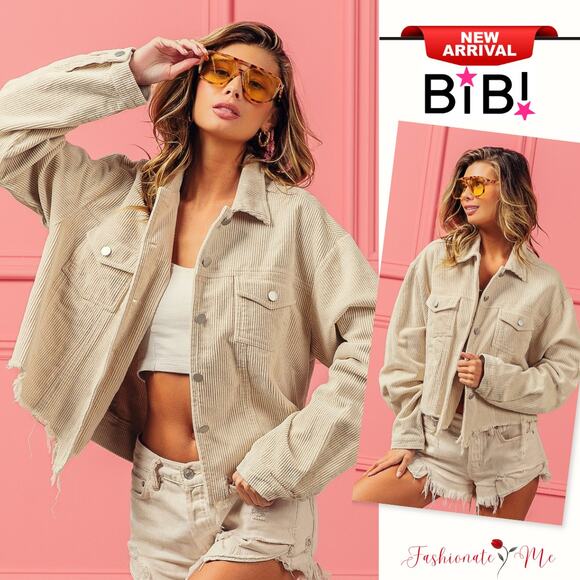BiBi Vintage Washed Distressed Front Hem Relaxed Fit Corduroy Jacket | Oatmeal - Picture 1 of 7